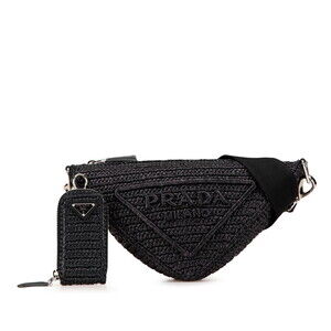 Prada Triangle Crochet Crossbody Shoulder Bag Black Raffia